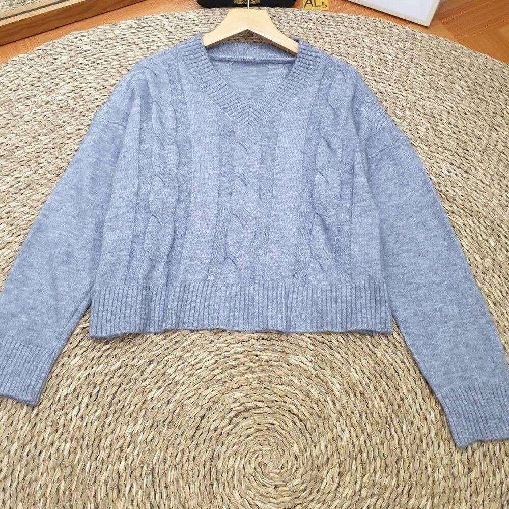Baby Blue Cable Knit V-Neck Cropped Pullover Sweater Soft Cozy Top